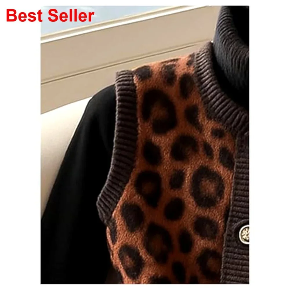Sleeveless Leopard Print Cardigan, Button Front, Crew Neck, Knitted Fabric, - Picture 5 of 5